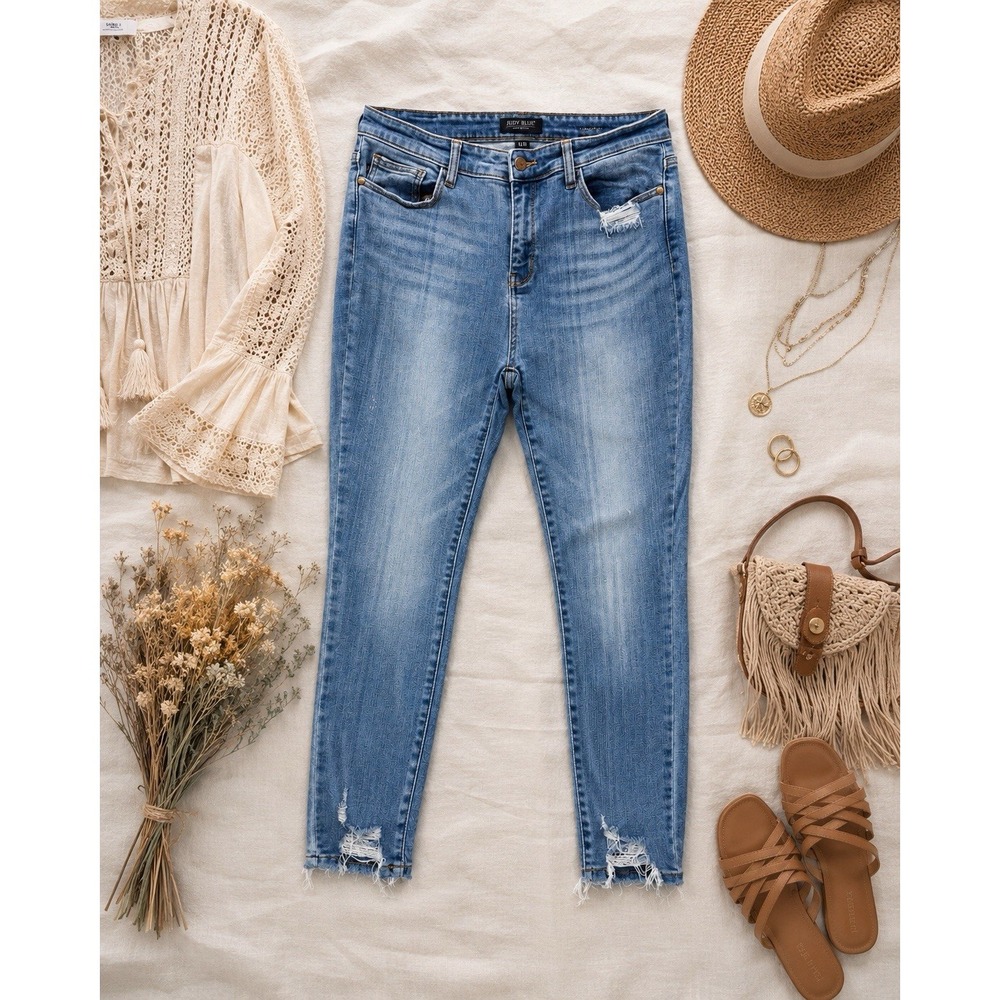 Judy Blue Jeans Womens 13/31 Light Wash Distressed Raw Hem Skinny Casual Stretch - Picture 5 of 12